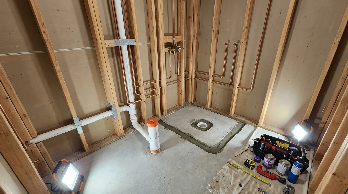 Bathroom rough-in plumbing during remodel by Johns Plumbing LLC in Crown Point
