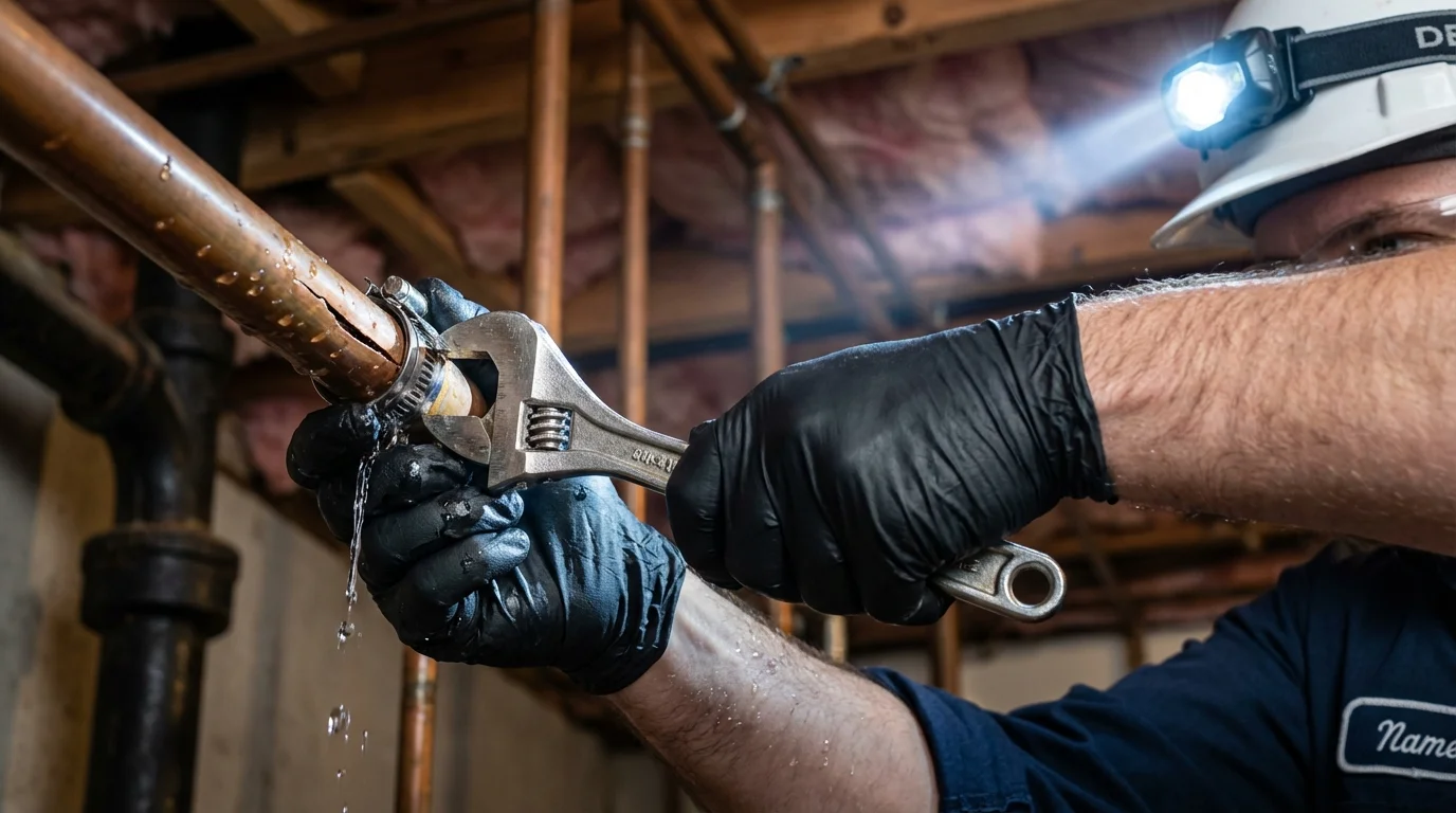 Emergency pipe clamp repair being performed by a Johns Plumbing LLC plumber in Crown Point