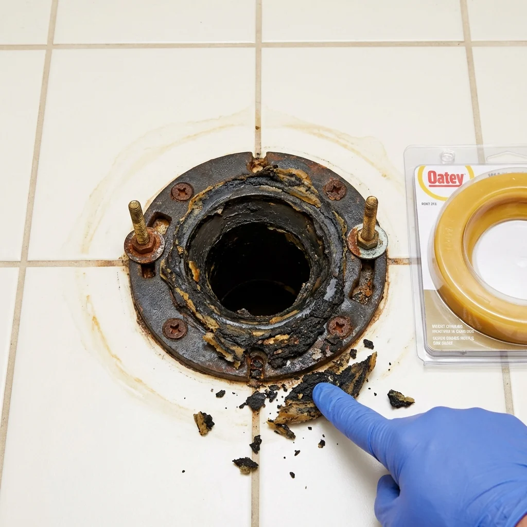Failed wax ring showing water seepage at the base of a toilet in a Crown Point, IN home