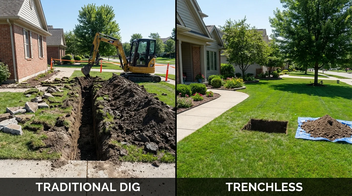 Trenchless sewer repair with minimal yard damage versus traditional excavation in Crown Point, IN