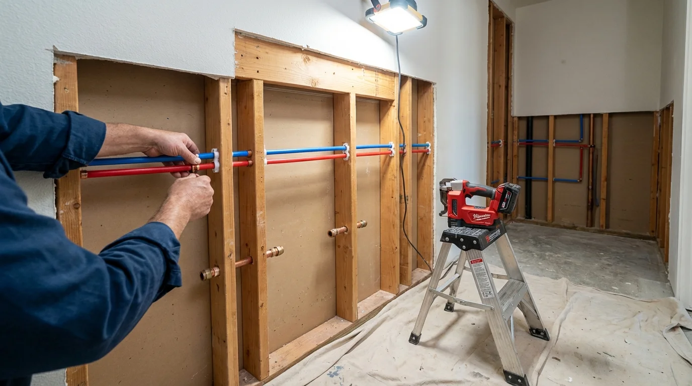 Old galvanized pipes being replaced with modern PEX piping during a whole-house repipe in Crown Point, IN
